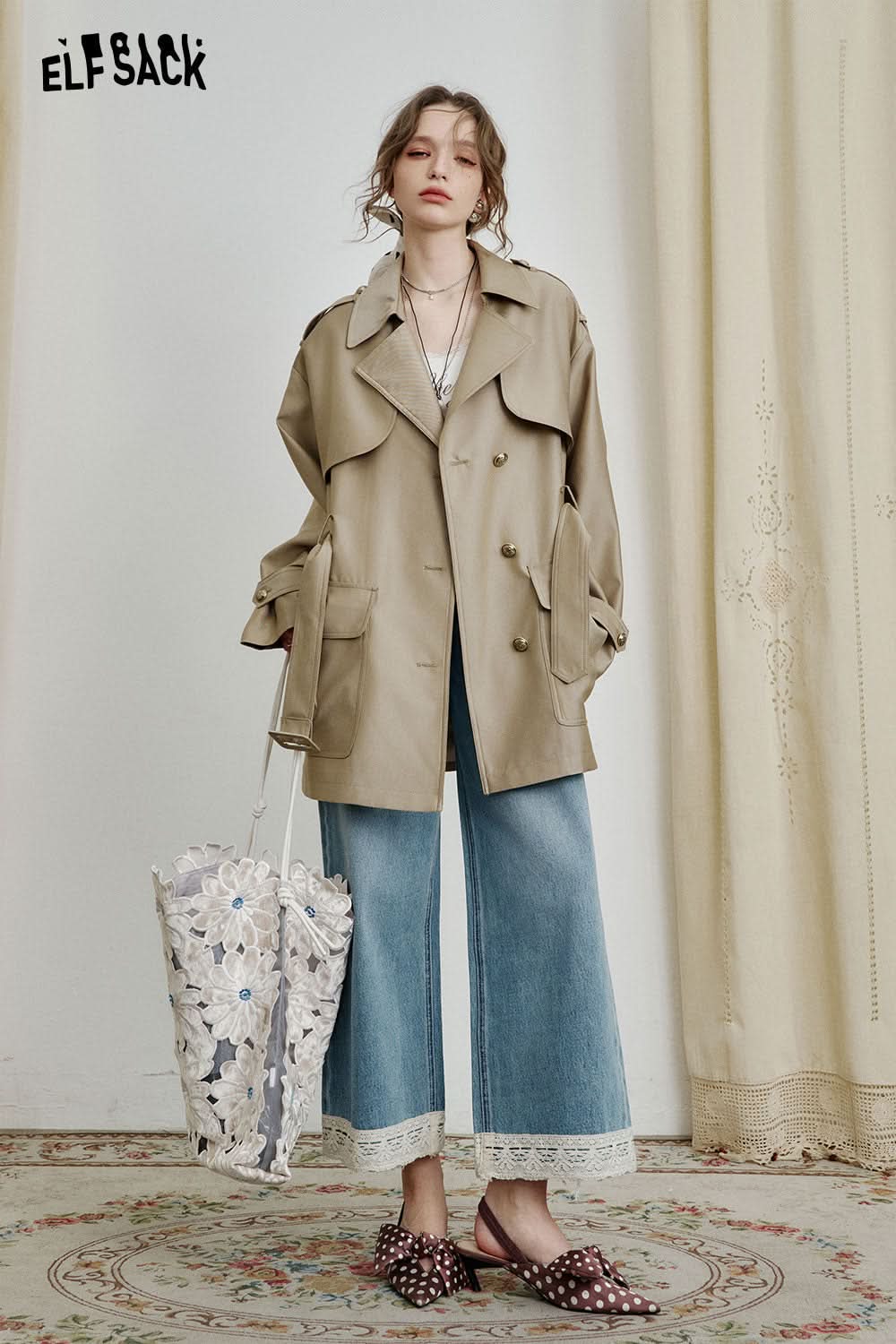 ELFSACK Retro Elegant Blue Loose Lace Trim Nine Point Jeans