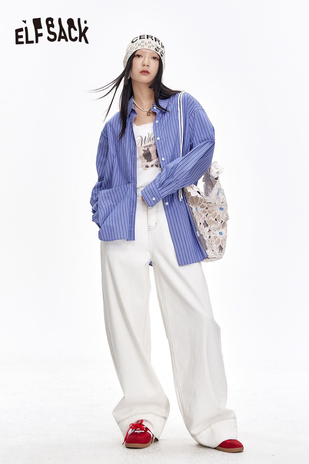 ELFSACK Versatile White Loose Straight Jeans Women Casual Commuting Wide Leg Pants