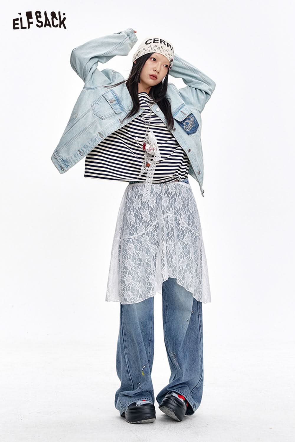 ELFSACK Original sequin embroidery straight loose jeans versatile wide-leg pants