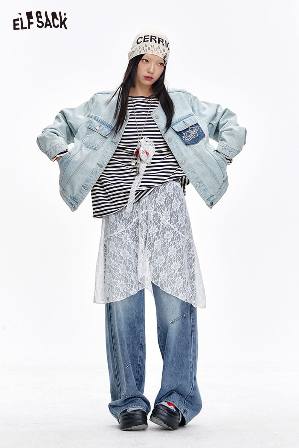 ELFSACK Original sequin embroidery straight loose jeans versatile wide-leg pants