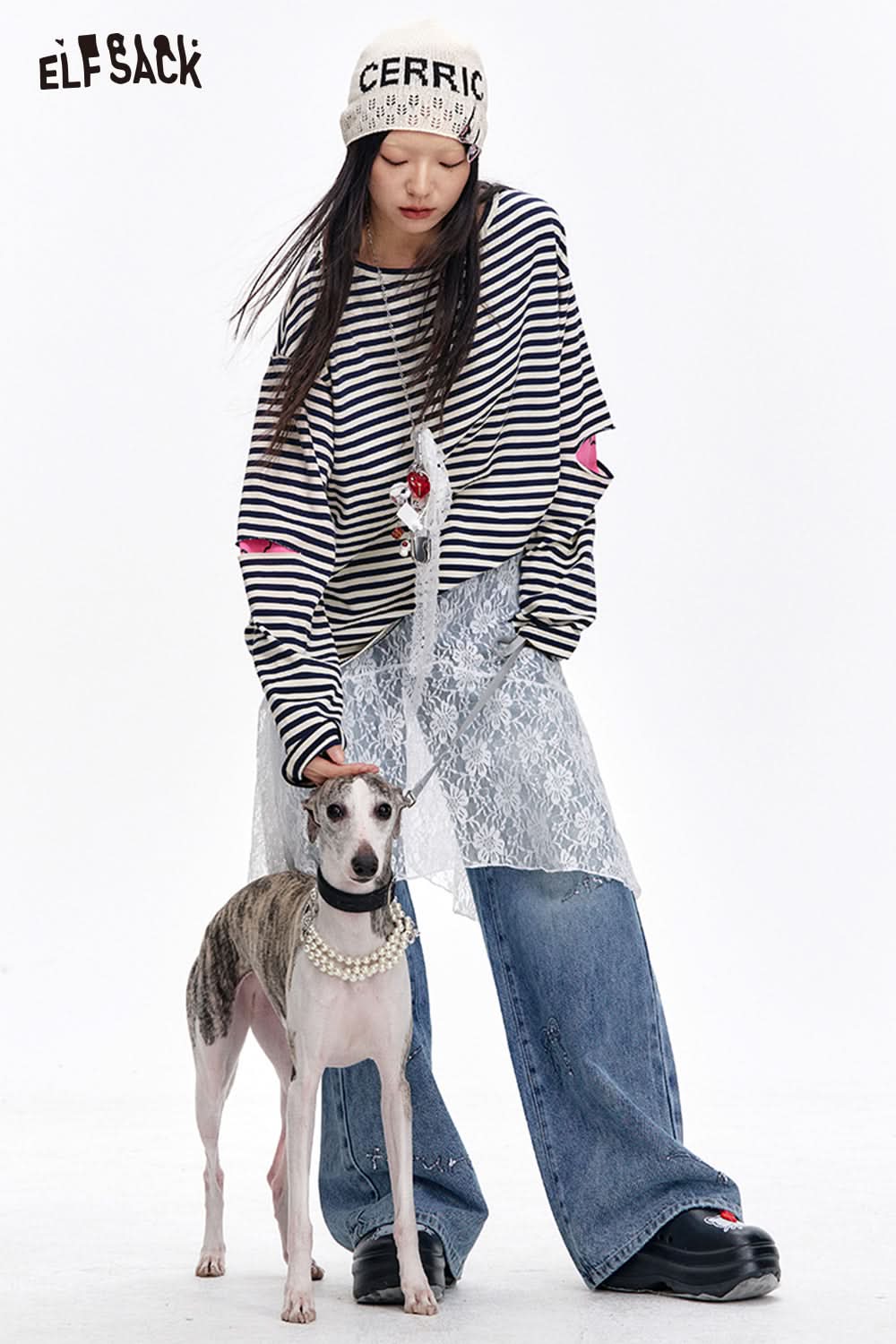 ELFSACK Original sequin embroidery straight loose jeans versatile wide-leg pants