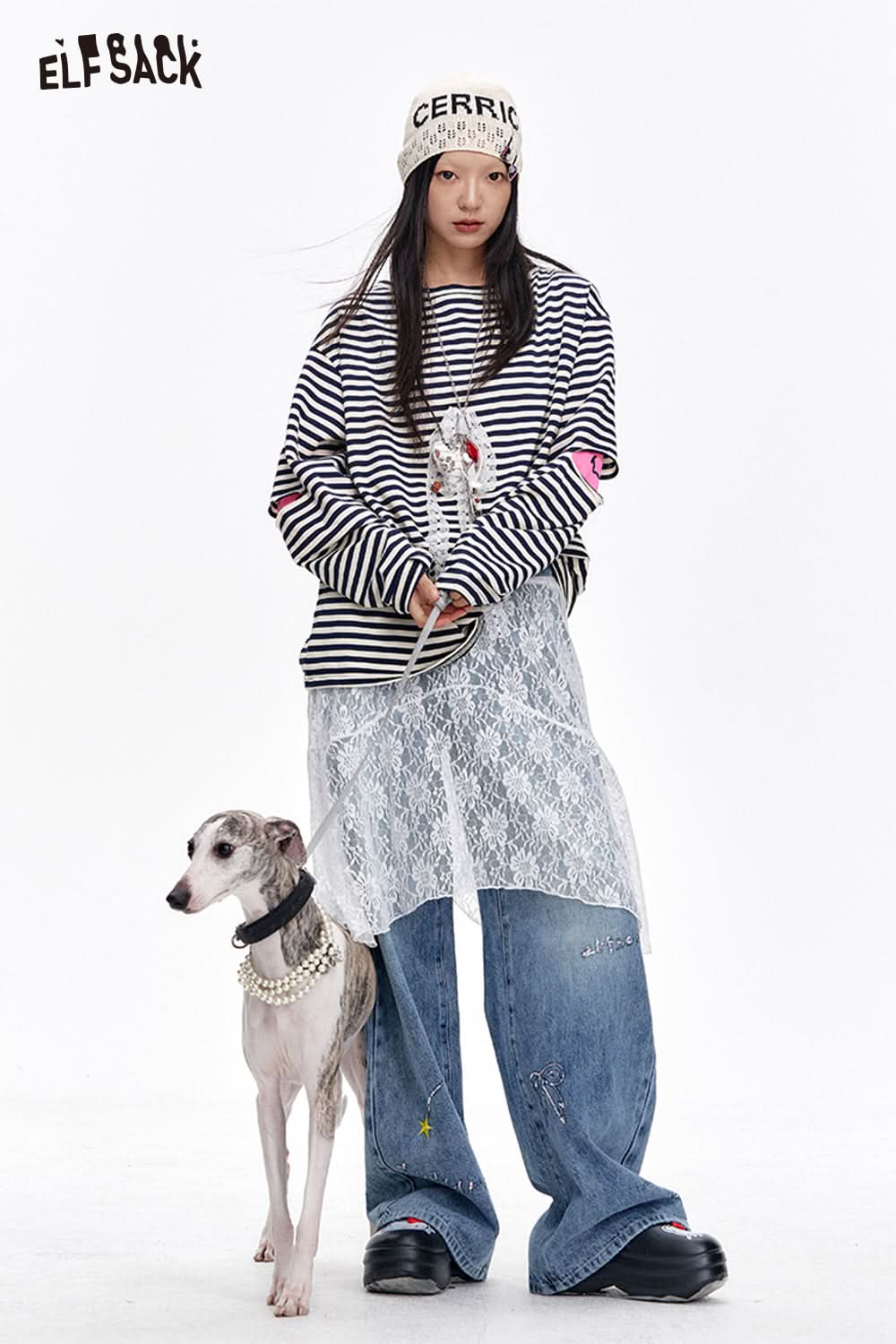 ELFSACK Original sequin embroidery straight loose jeans versatile wide-leg pants