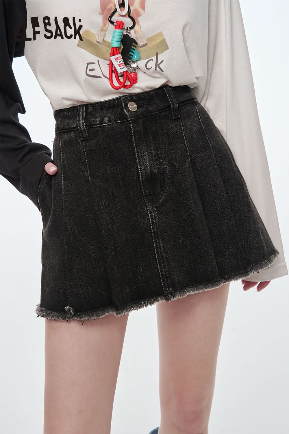 ELFSACK High Waisted A-Line Pleated Denim Skirt Preppy Style Solid Pantskirt