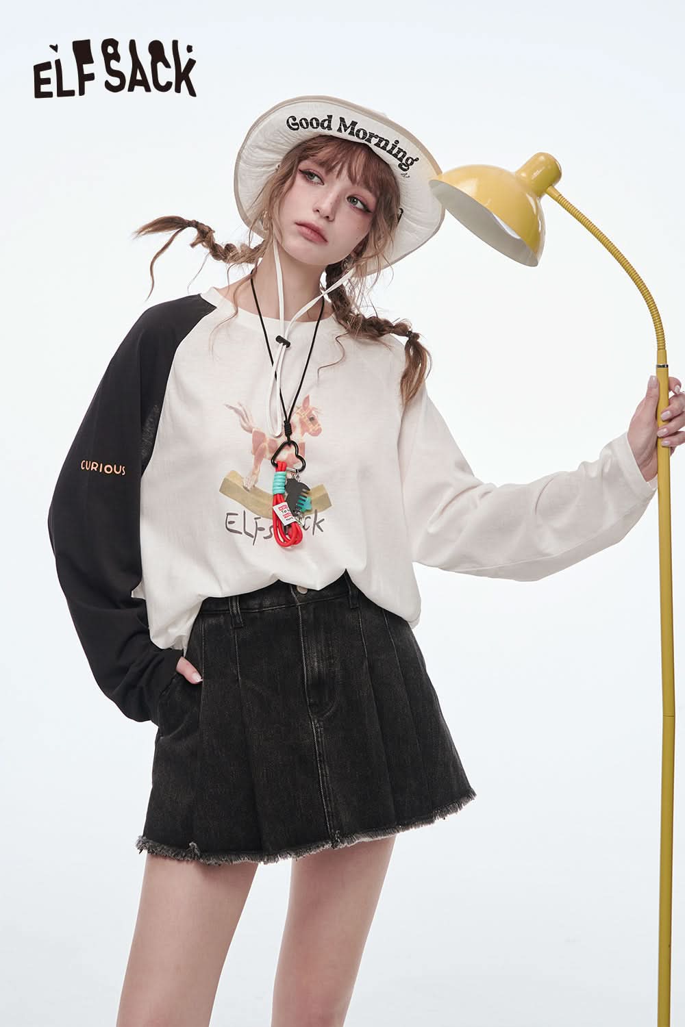 ELFSACK High Waisted A-Line Pleated Denim Skirt Preppy Style Solid Pantskirt