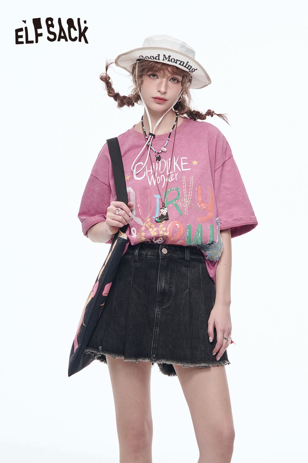 ELFSACK High Waisted A-Line Pleated Denim Skirt Preppy Style Solid Pantskirt