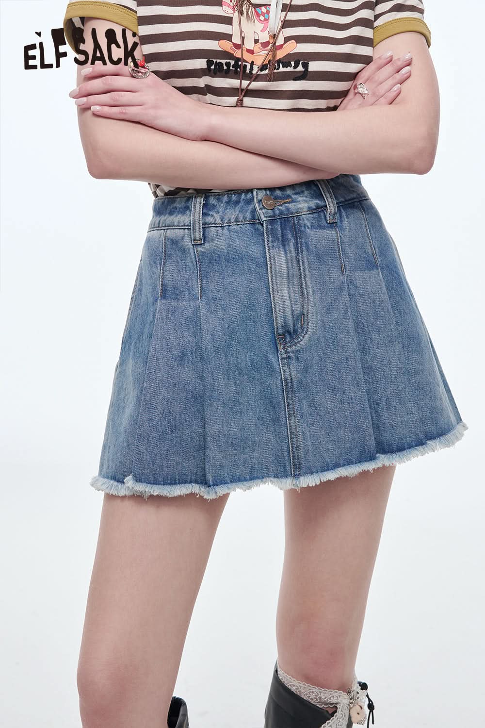 ELFSACK High Waisted A-Line Pleated Denim Skirt Preppy Style Solid Pantskirt