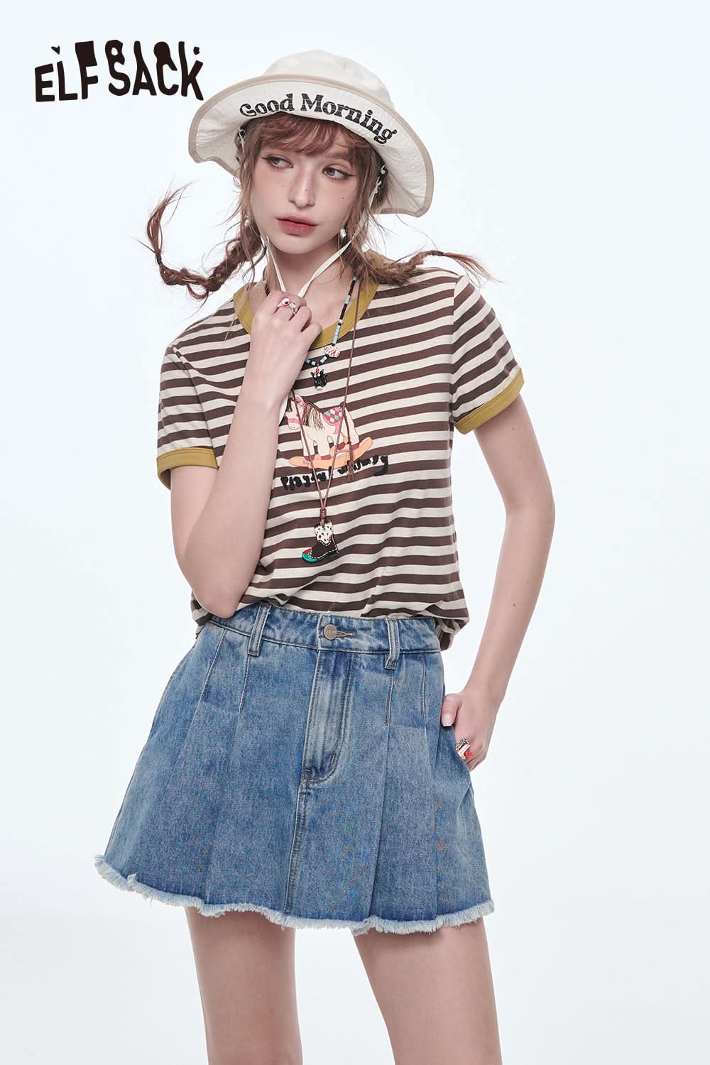 ELFSACK High Waisted A-Line Pleated Denim Skirt Preppy Style Solid Pantskirt