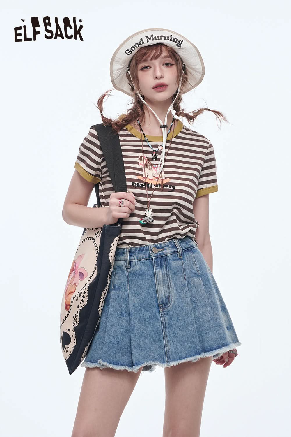 ELFSACK High Waisted A-Line Pleated Denim Skirt Preppy Style Solid Pantskirt