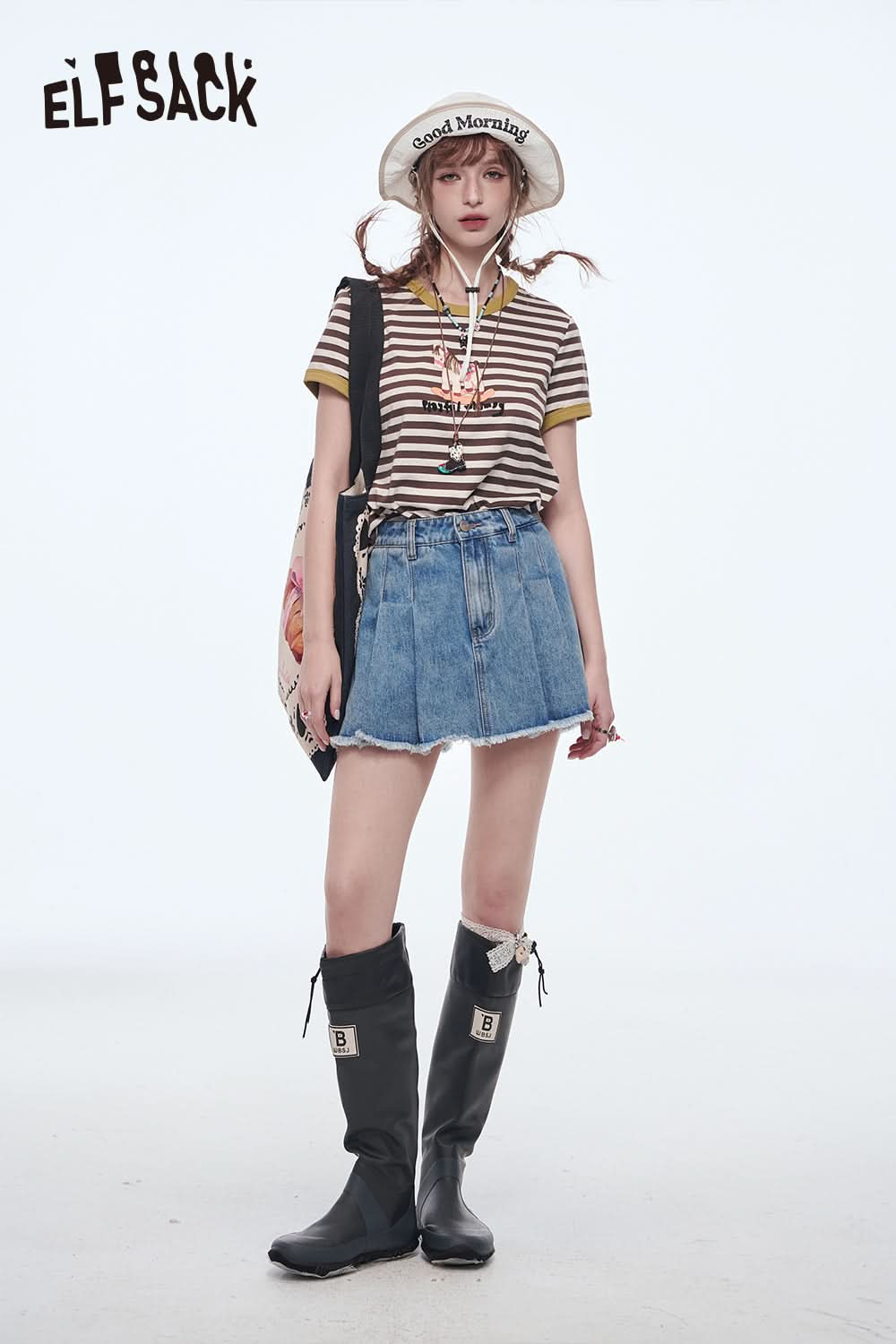 ELFSACK High Waisted A-Line Pleated Denim Skirt Preppy Style Solid Pantskirt