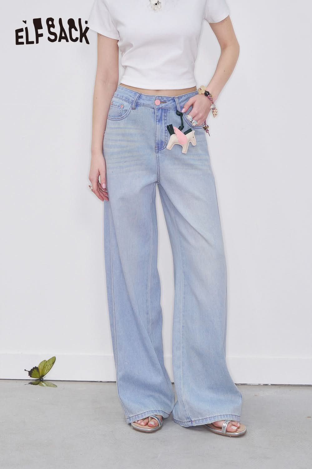 ELFSACK Light Blue Rose Embroidery Loose Straight Jeans Women Casual Oversize Wide Leg Pants