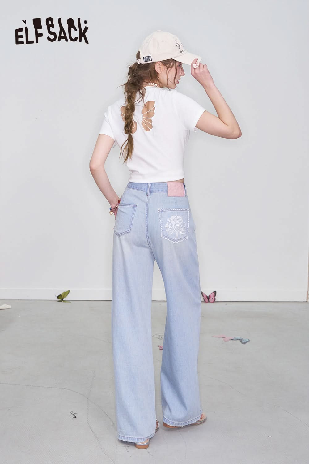 ELFSACK Light Blue Rose Embroidery Loose Straight Jeans Women Casual Oversize Wide Leg Pants