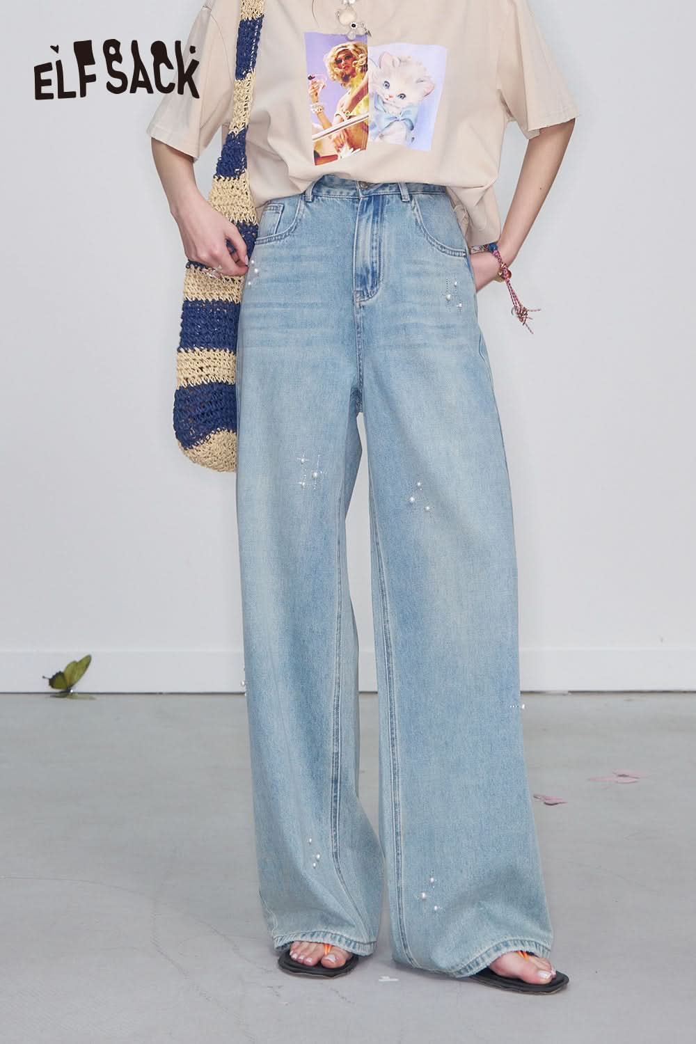 ELFSACK Y2K Pearl Diamond Light Blue Jeans Women Loose Straight Pants
