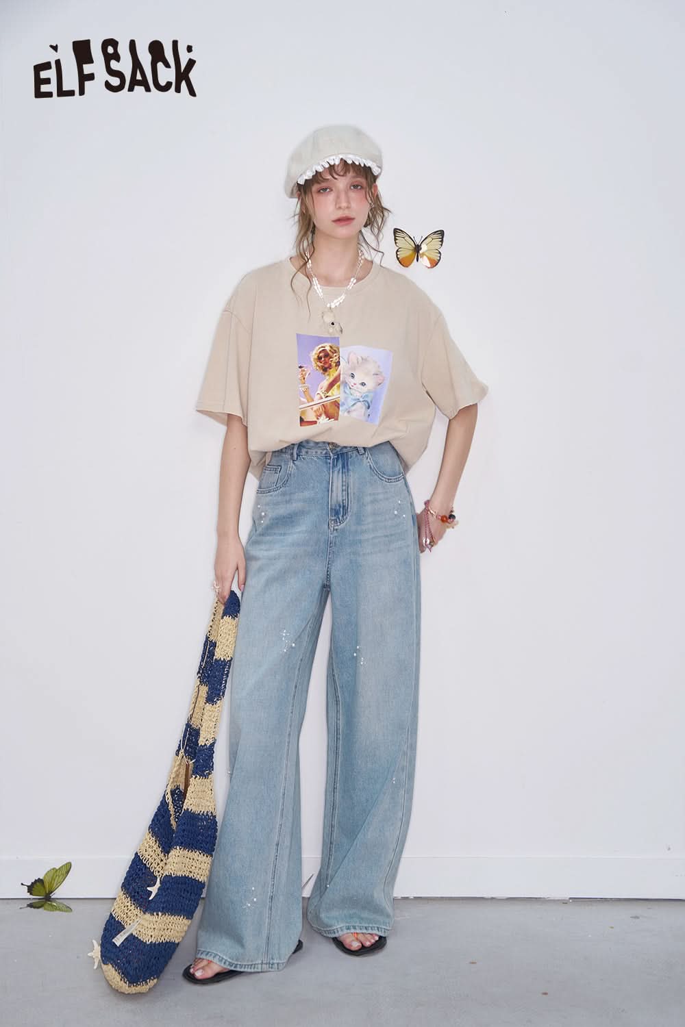 ELFSACK Y2K Pearl Diamond Light Blue Jeans Women Loose Straight Pants