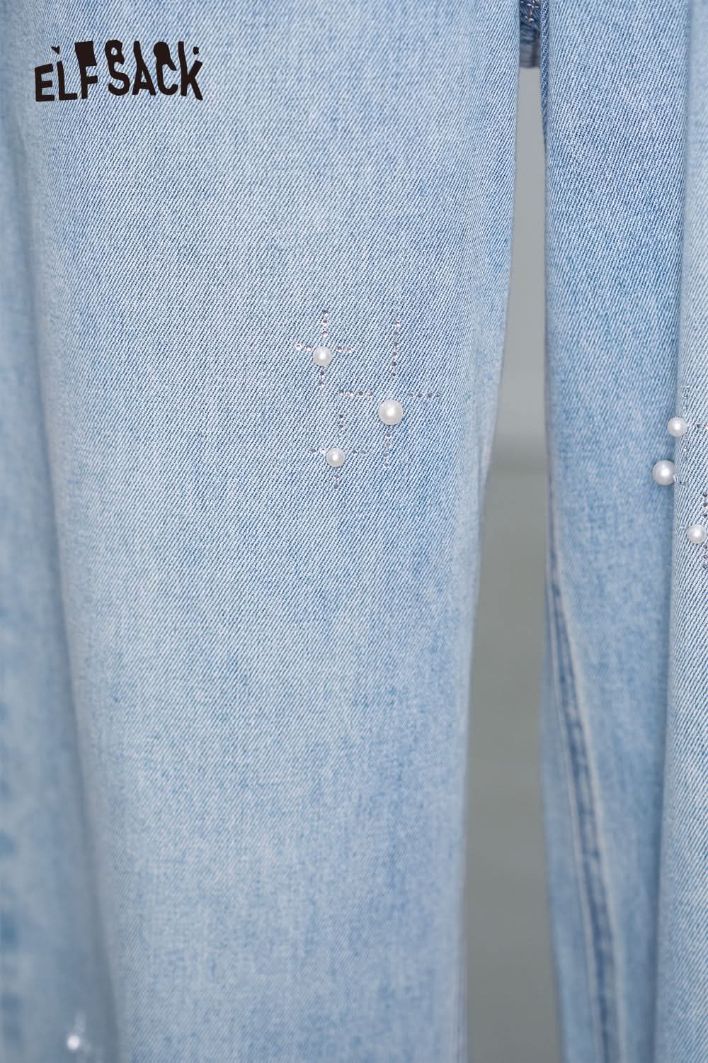 ELFSACK Y2K Pearl Diamond Light Blue Jeans Women Loose Straight Pants