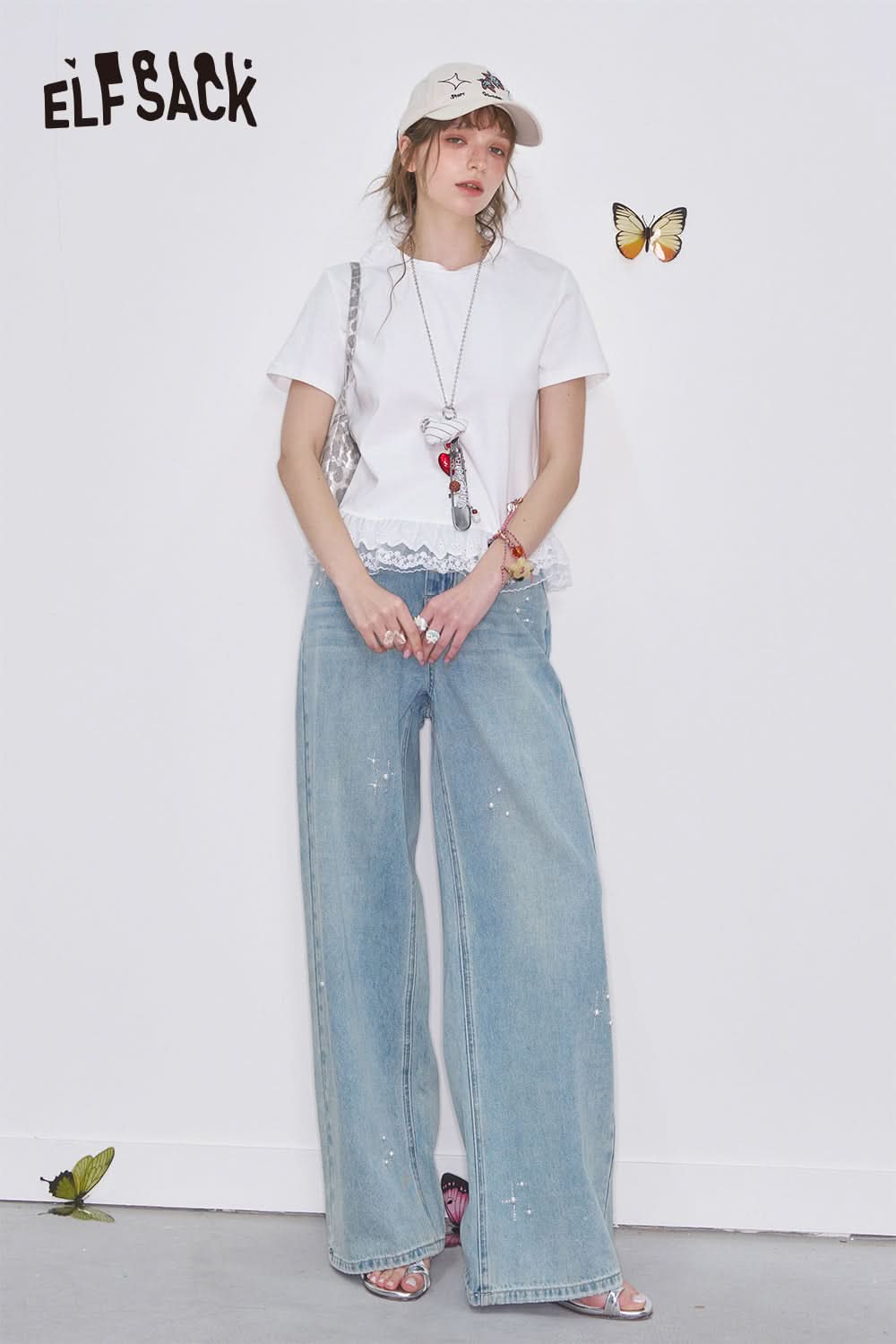 ELFSACK Y2K Pearl Diamond Light Blue Jeans Women Loose Straight Pants