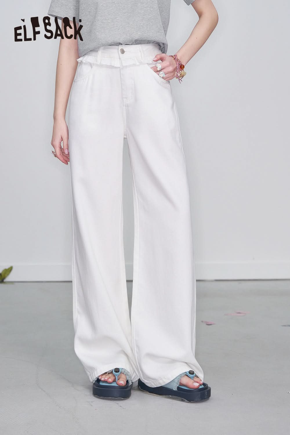 ELFSACK Y2K Ruffled Patchwork White Straight Jeans Women's Versatile Wide Leg Pants