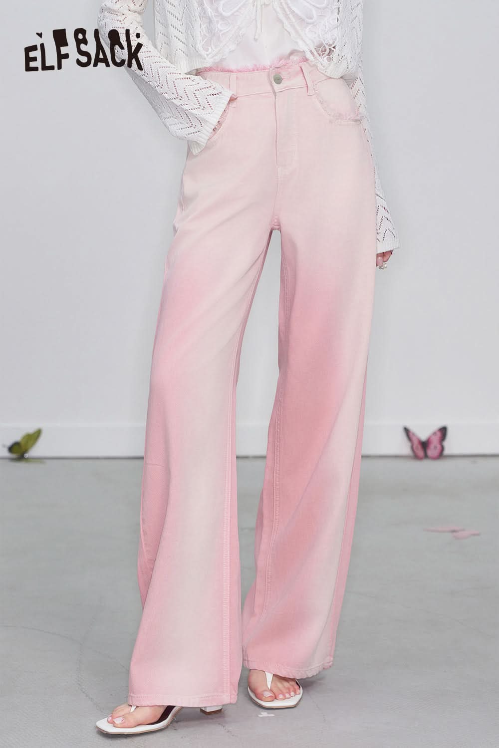 ELFSACK Y2K Raw Edge High Waist Pink Gradient Jeans Women Sweet Wide Leg Pants