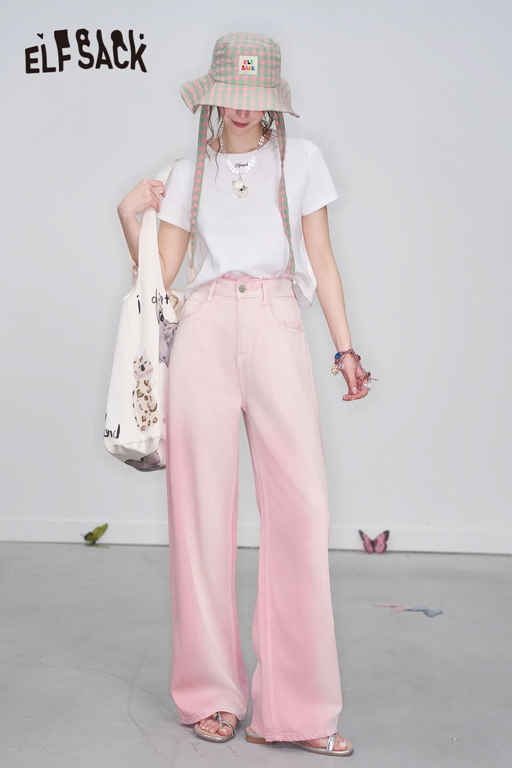 ELFSACK Y2K Raw Edge High Waist Pink Gradient Jeans Women Sweet Wide Leg Pants