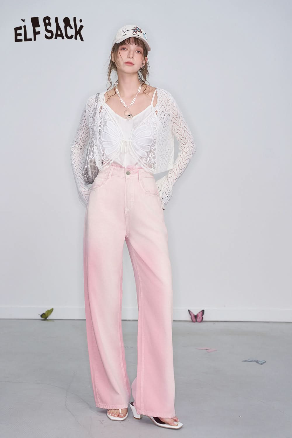 ELFSACK Y2K Raw Edge High Waist Pink Gradient Jeans Women Sweet Wide Leg Pants