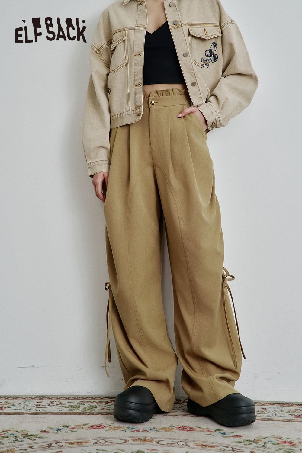 ELFSACK Vintage Khaki Drawstring Casual Wide Leg Pants Women Loose Straight Lady Pants
