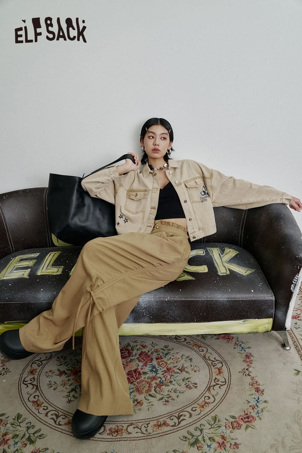 ELFSACK Vintage Khaki Drawstring Casual Wide Leg Pants Women Loose Straight Lady Pants