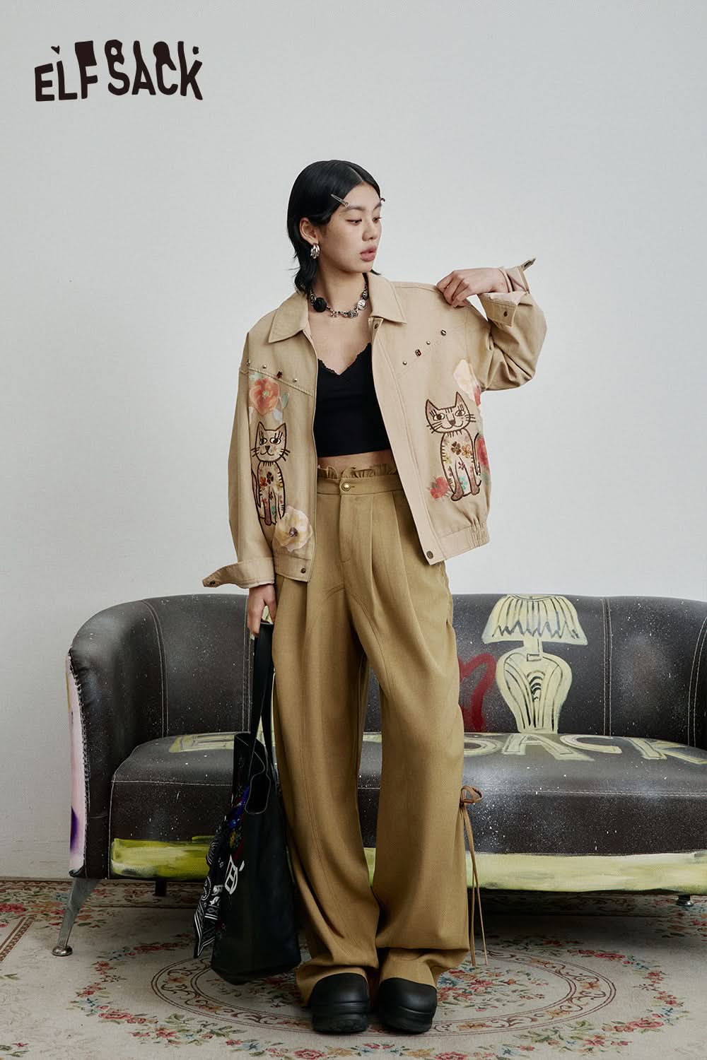 ELFSACK Vintage Khaki Drawstring Casual Wide Leg Pants Women Loose Straight Lady Pants