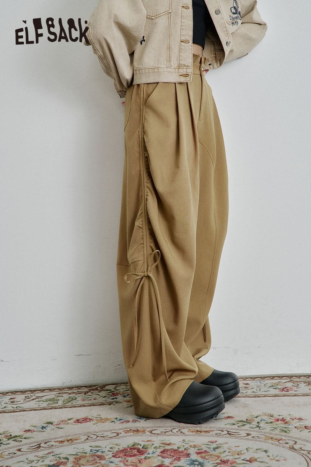 ELFSACK Vintage Khaki Drawstring Casual Wide Leg Pants Women Loose Straight Lady Pants