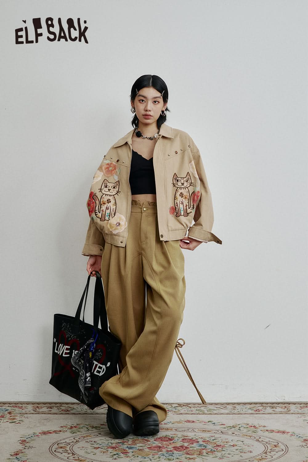 ELFSACK Vintage Khaki Drawstring Casual Wide Leg Pants Women Loose Straight Lady Pants