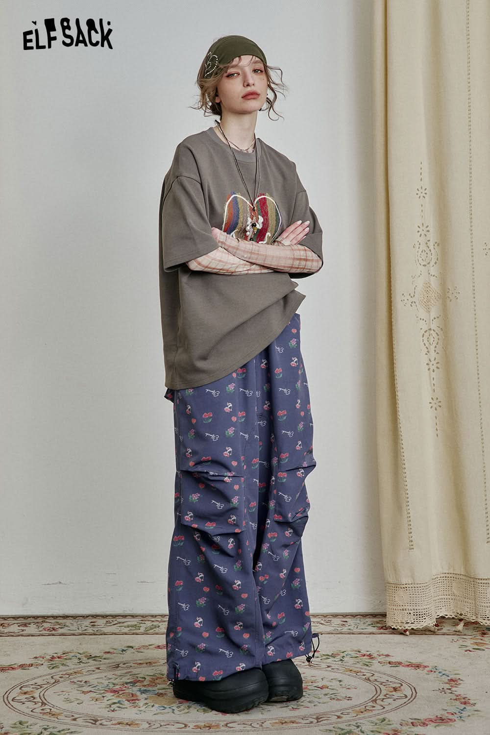 ELFSACK High Street Loose All-over Print Casual Wide-Leg Pants