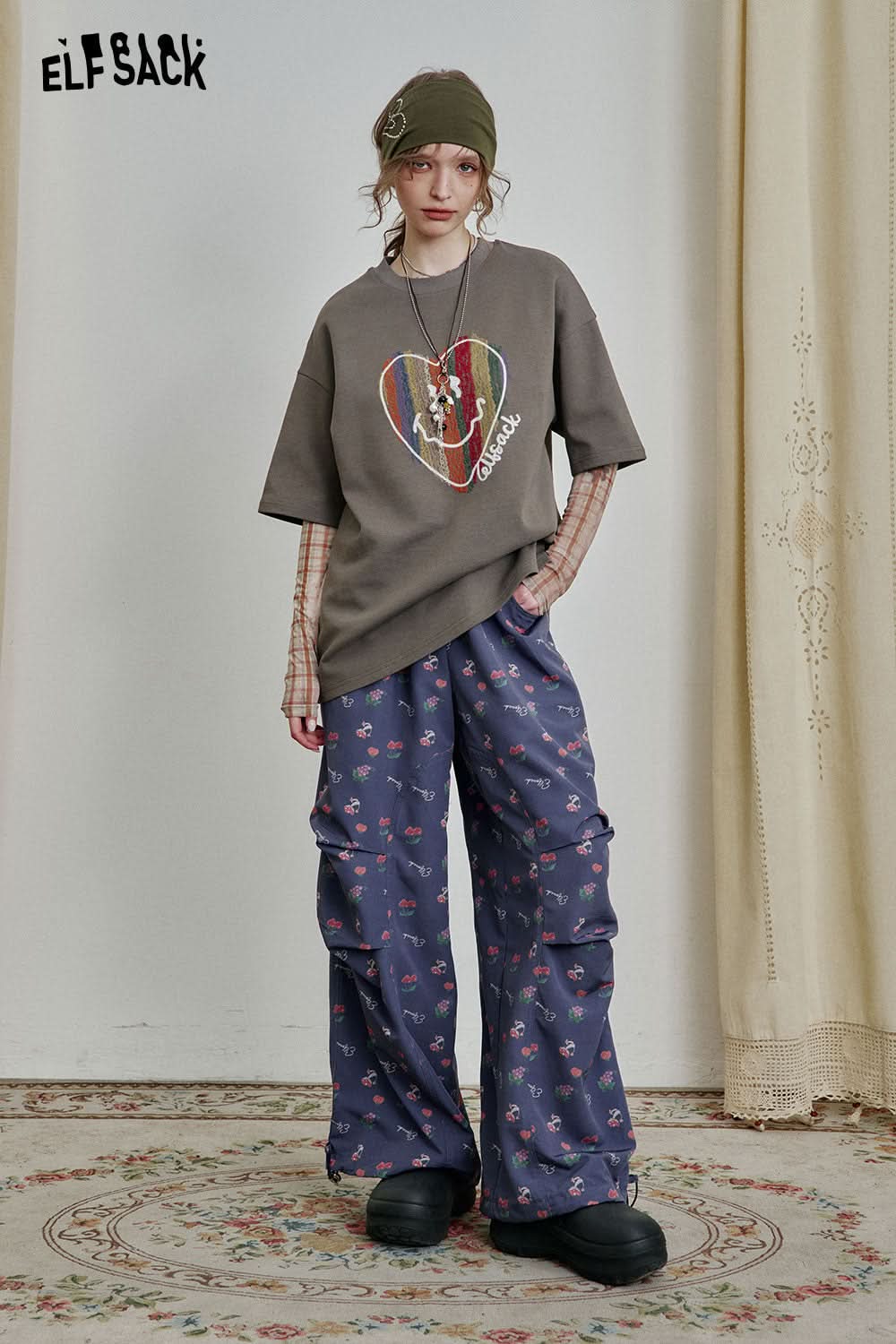 ELFSACK High Street Loose All-over Print Casual Wide-Leg Pants