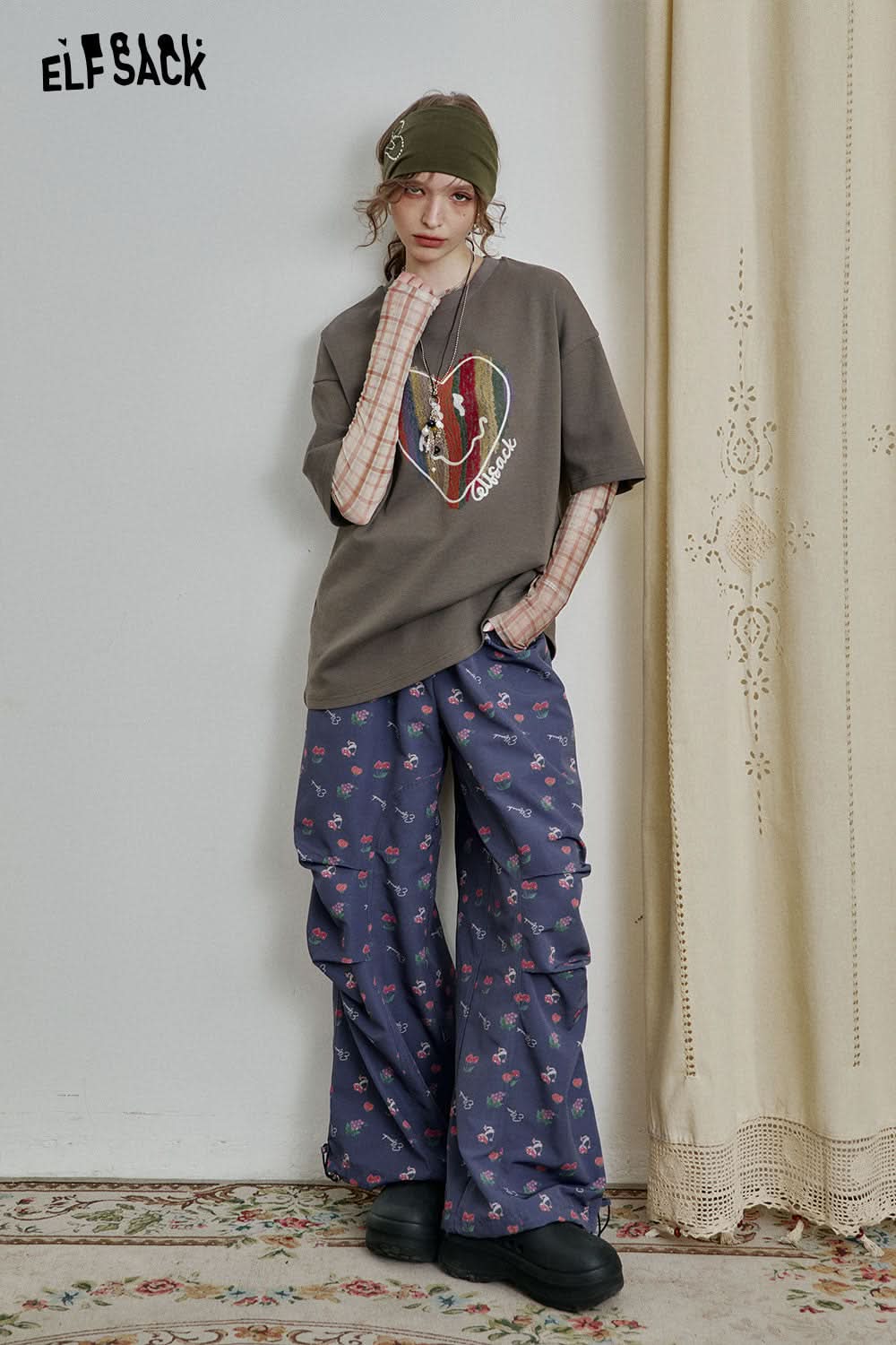 ELFSACK High Street Loose All-over Print Casual Wide-Leg Pants