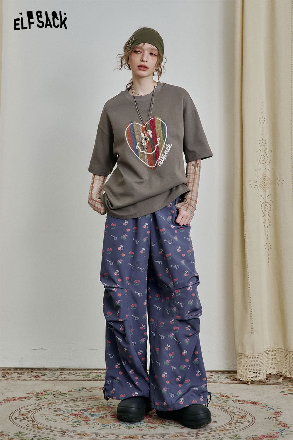 ELFSACK High Street Loose All-over Print Casual Wide-Leg Pants