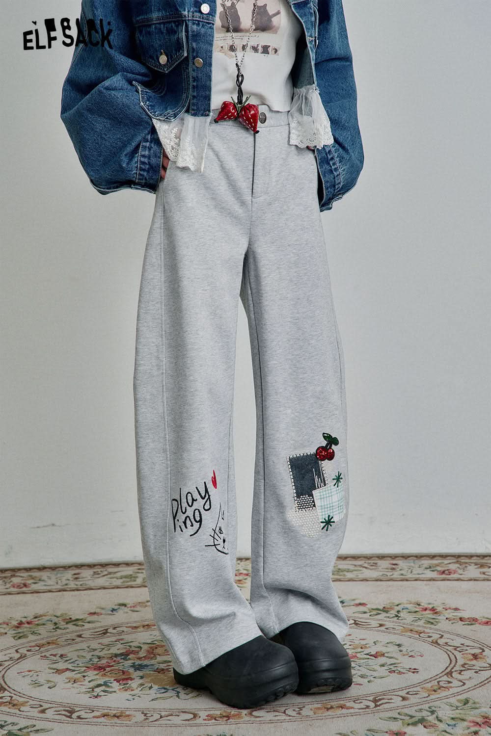ELFSACK Casual Grey Kitten Embroidery Wide Leg Pants