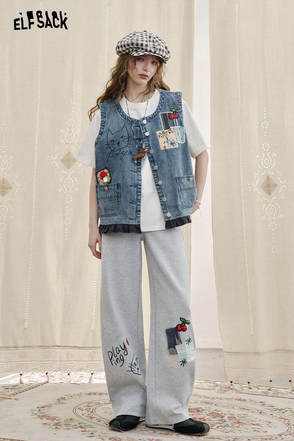 ELFSACK Casual Grey Kitten Embroidery Wide Leg Pants