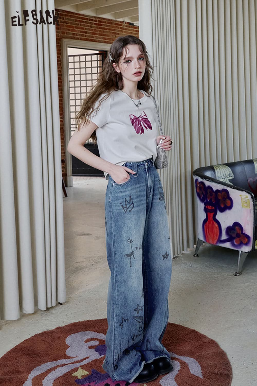 ELFSACK Y2K Printed Loose Jeans Sweet Cool Versatile Wide Leg Pants