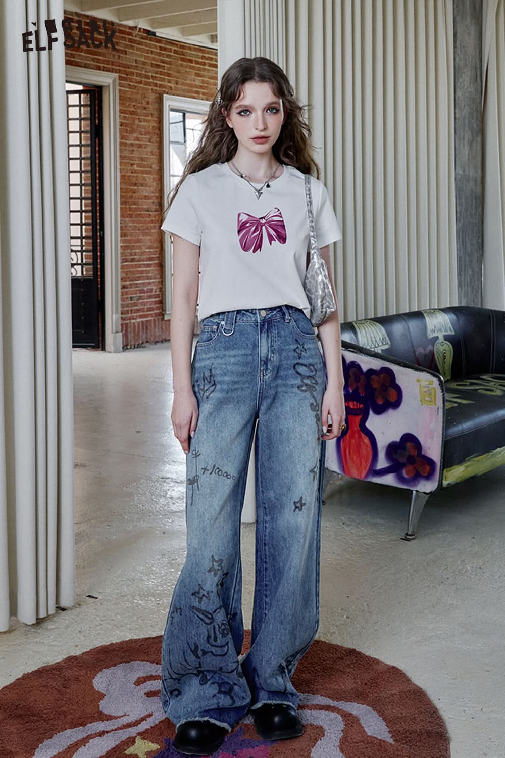 ELFSACK Y2K Printed Loose Jeans Sweet Cool Versatile Wide Leg Pants