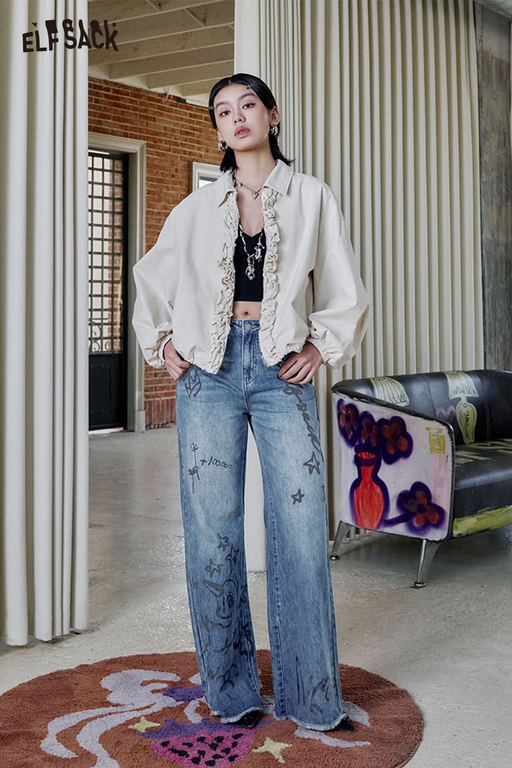 ELFSACK Y2K Printed Loose Jeans Sweet Cool Versatile Wide Leg Pants