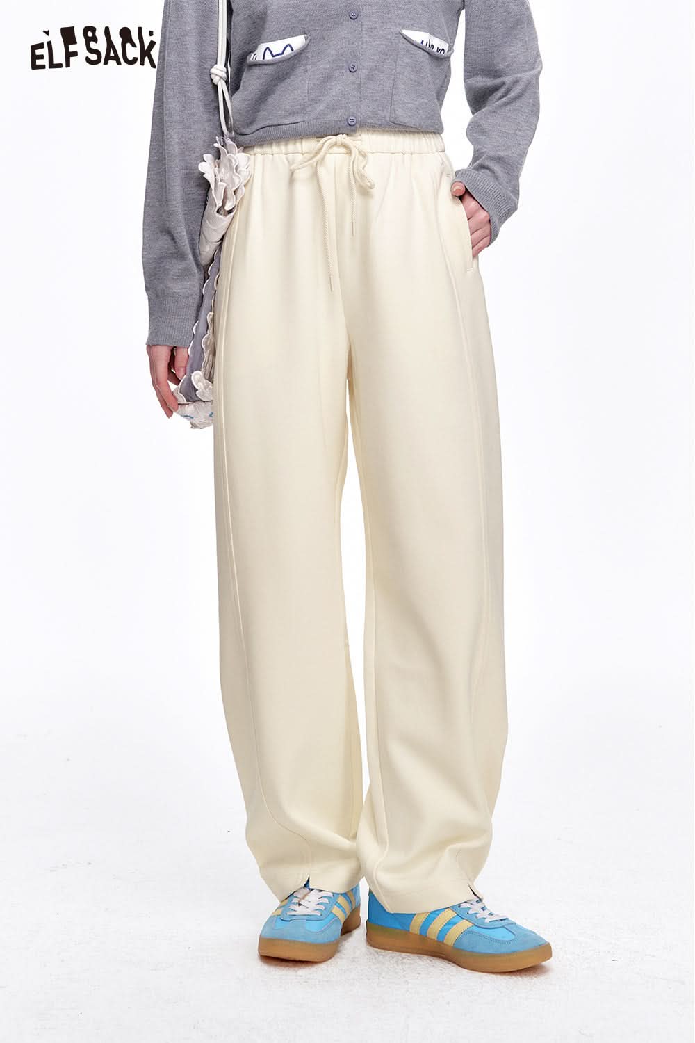 ELFSACK Loose Casual Solid Wide Leg Pants Drawstring Elastic Waist Sports Pants Women Sweatpants