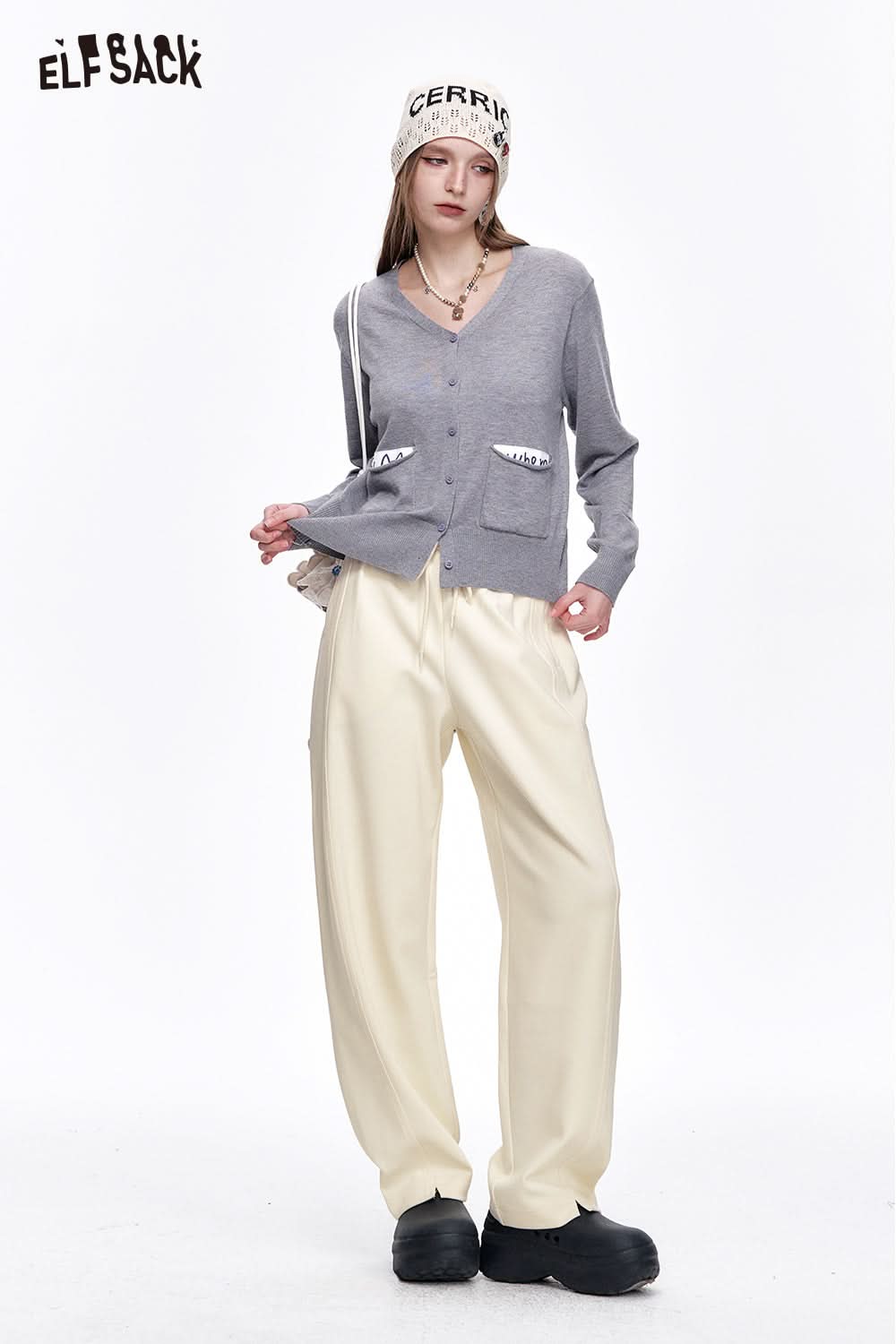ELFSACK Loose Casual Solid Wide Leg Pants Drawstring Elastic Waist Sports Pants Women Sweatpants