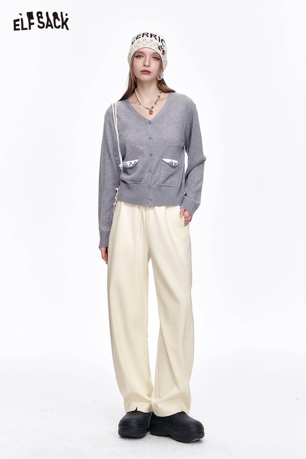 ELFSACK Loose Casual Solid Wide Leg Pants Drawstring Elastic Waist Sports Pants Women Sweatpants