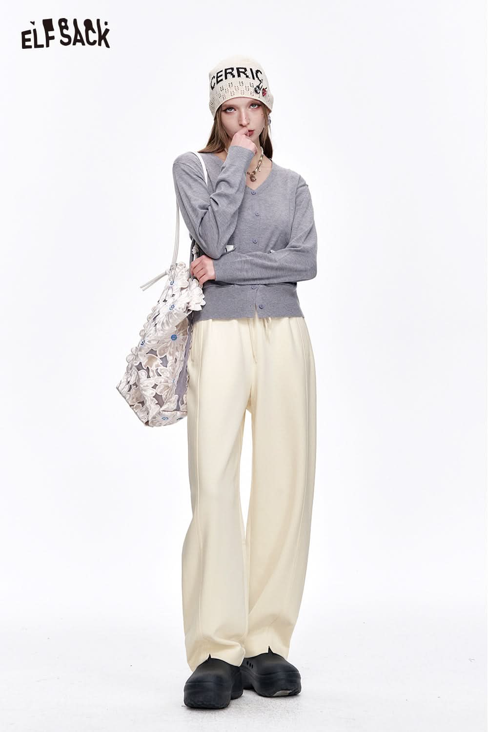 ELFSACK Loose Casual Solid Wide Leg Pants Drawstring Elastic Waist Sports Pants Women Sweatpants