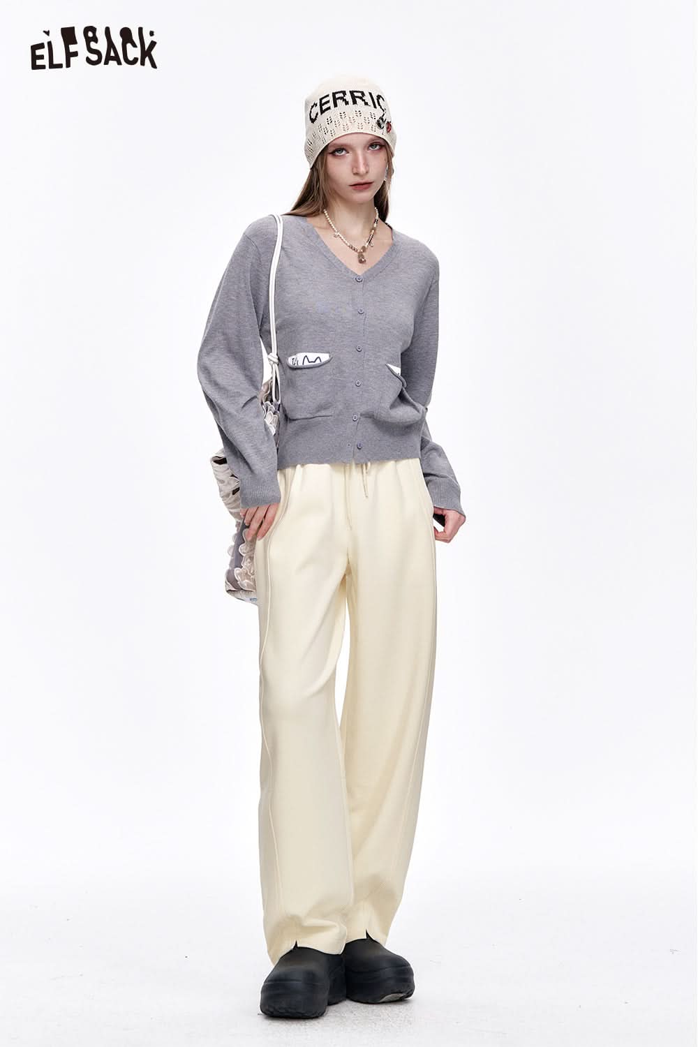 ELFSACK Loose Casual Solid Wide Leg Pants Drawstring Elastic Waist Sports Pants Women Sweatpants