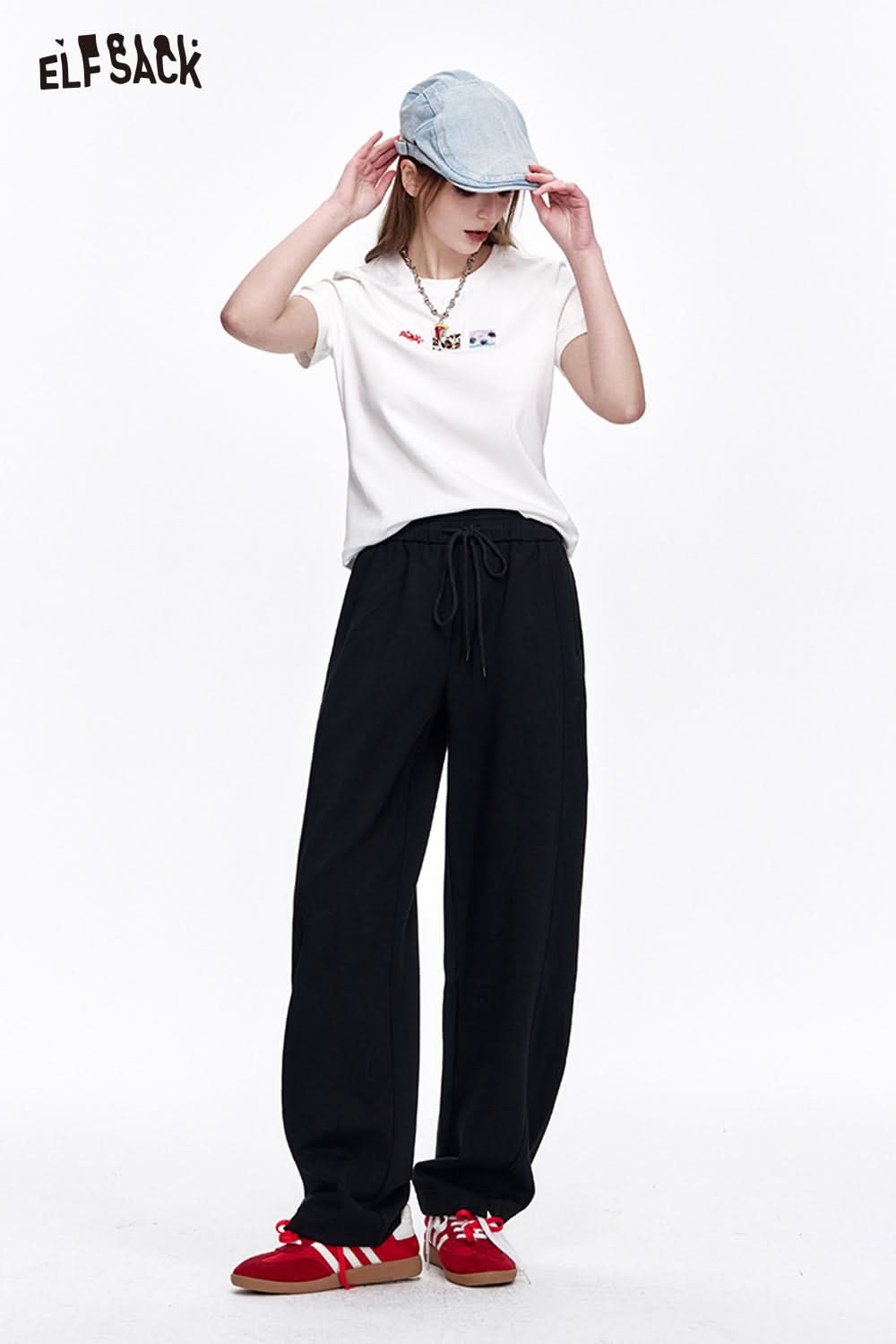 ELFSACK Loose Casual Solid Wide Leg Pants Drawstring Elastic Waist Sports Pants Women Sweatpants