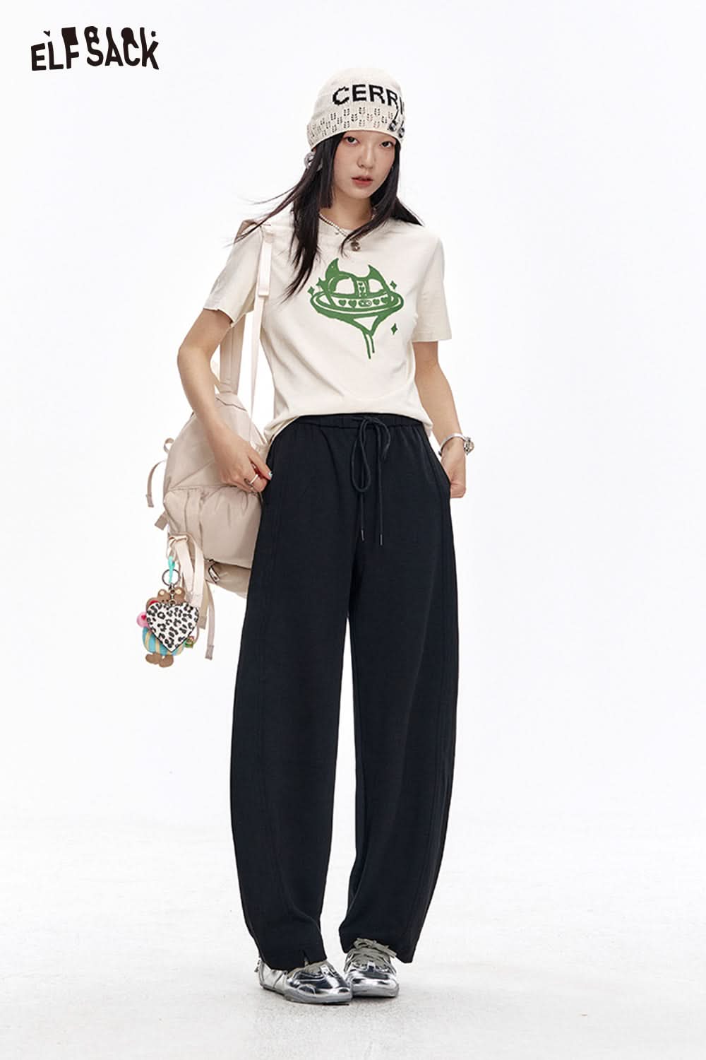 ELFSACK Loose Casual Solid Wide Leg Pants Drawstring Elastic Waist Sports Pants Women Sweatpants
