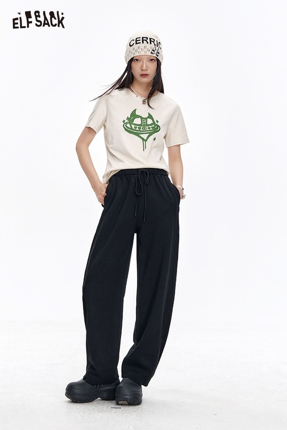 ELFSACK Loose Casual Solid Wide Leg Pants Drawstring Elastic Waist Sports Pants Women Sweatpants