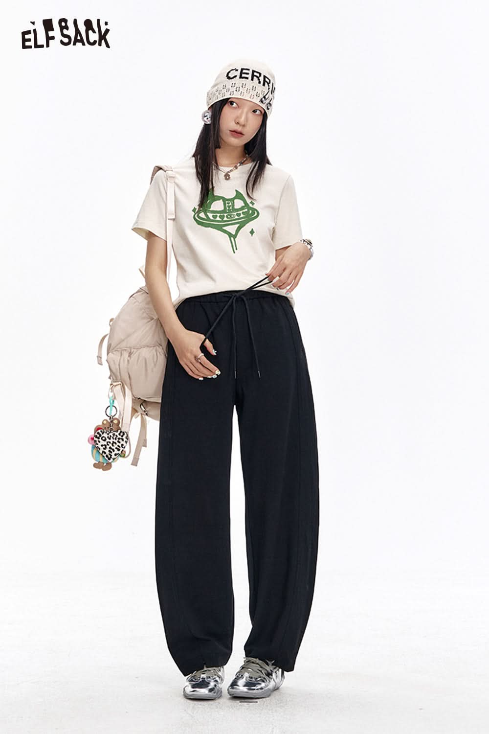 ELFSACK Loose Casual Solid Wide Leg Pants Drawstring Elastic Waist Sports Pants Women Sweatpants