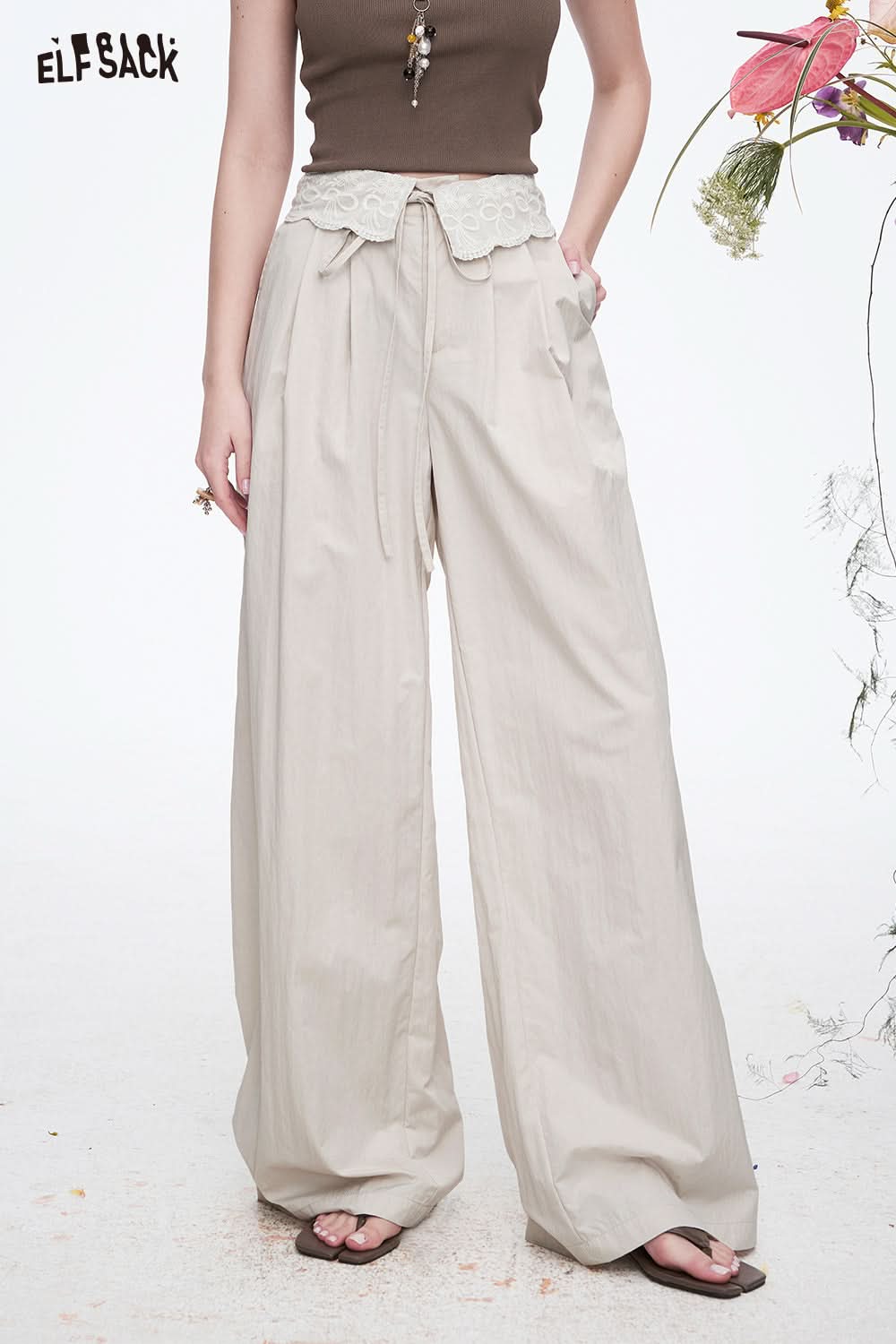 ELFSACK Bow Lace Stitching Pants Women Casual Sweet Lace-up White Wide Leg Pants