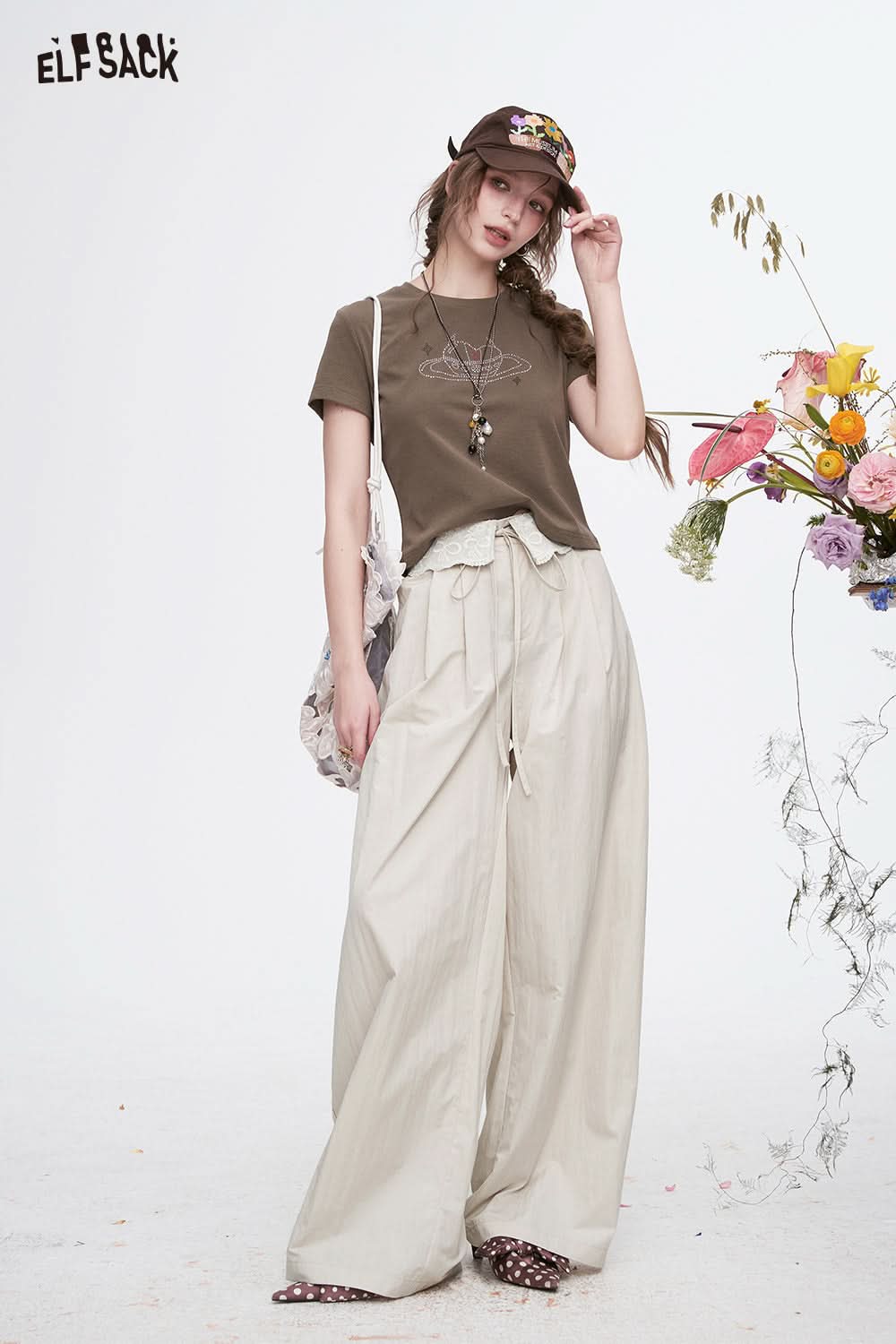 ELFSACK Bow Lace Stitching Pants Women Casual Sweet Lace-up White Wide Leg Pants