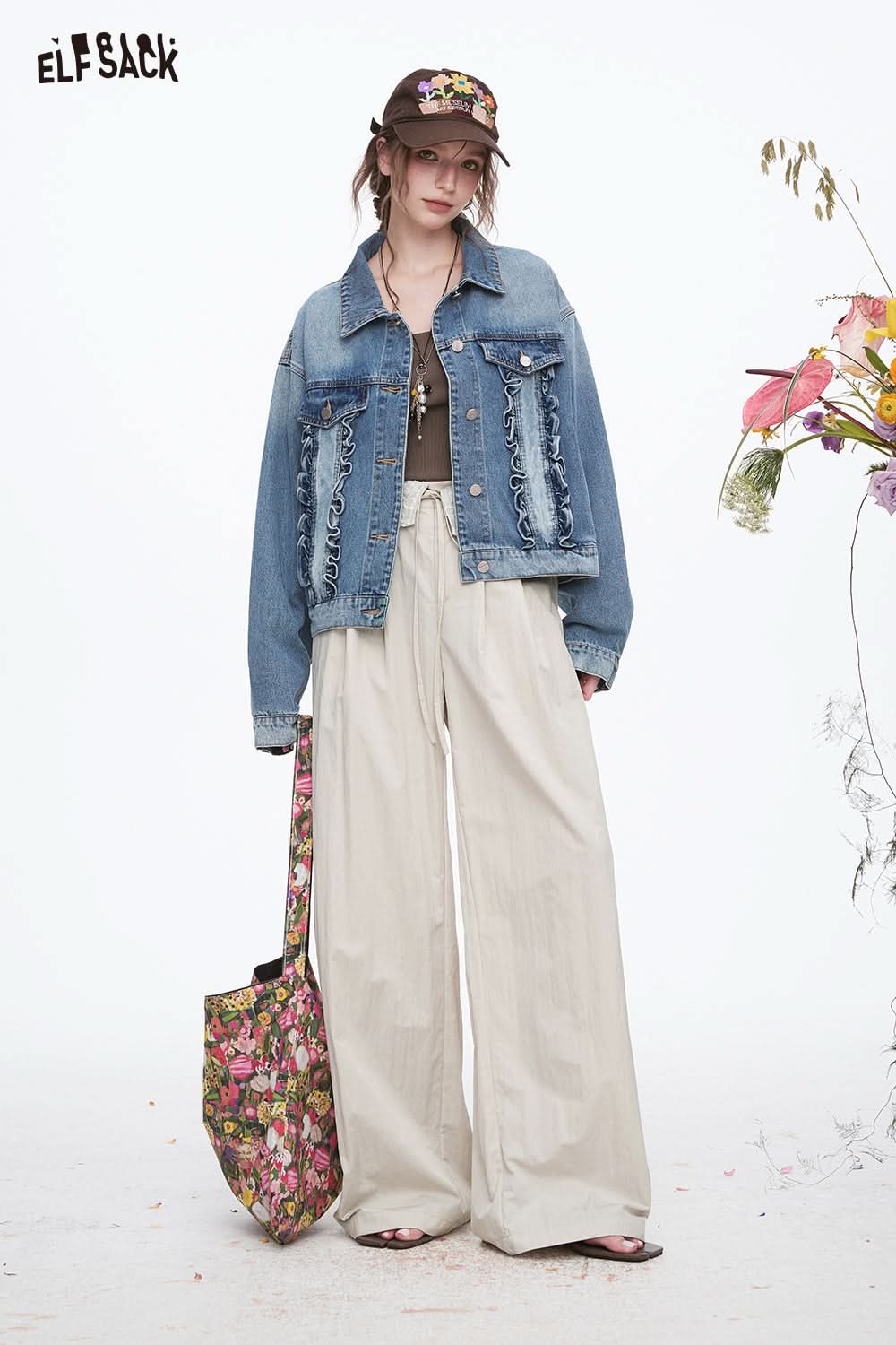 ELFSACK Bow Lace Stitching Pants Women Casual Sweet Lace-up White Wide Leg Pants