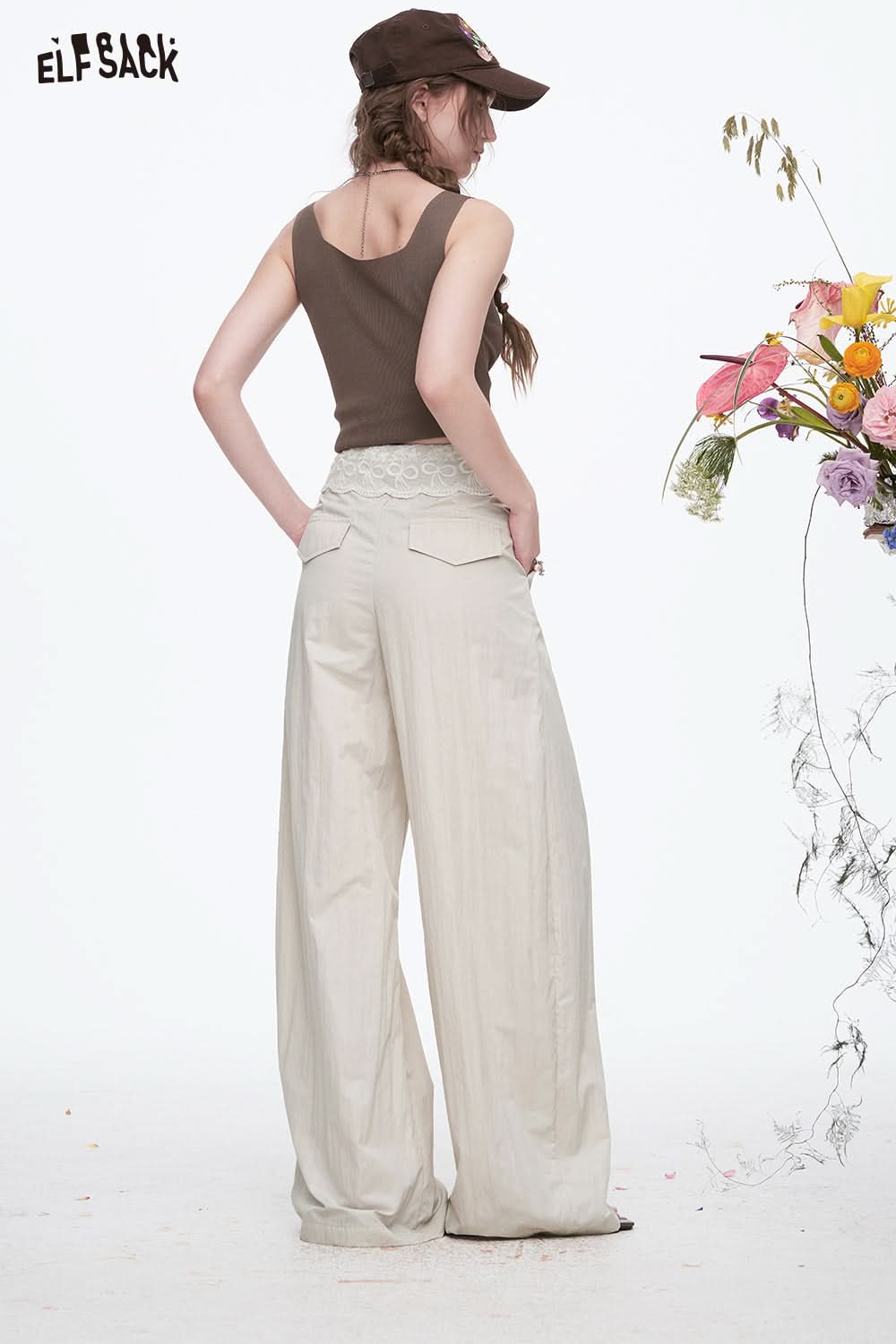 ELFSACK Bow Lace Stitching Pants Women Casual Sweet Lace-up White Wide Leg Pants